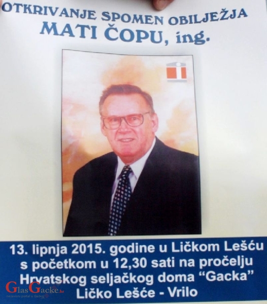 Otkriva se brončani reljef Mate Čopa u Ličkom Lešću
