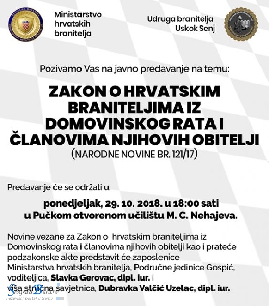 Javno predavanje – Zakon o hrvatskim braniteljima iz Domovinskog rata i članovima njihovih obitelji Javno predavanje – Zakon o hrvatskim braniteljima iz Domovinskog rata i članovima njihovih obitelji