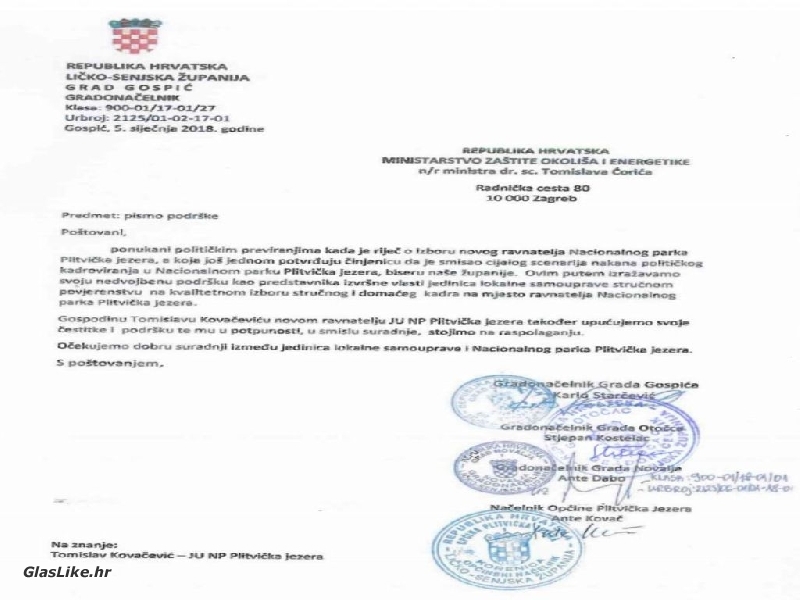 Pismo podrške novom ravnatelju NP Plitvička jezera Pismo podrške novom ravnatelju NP Plitvička jezera