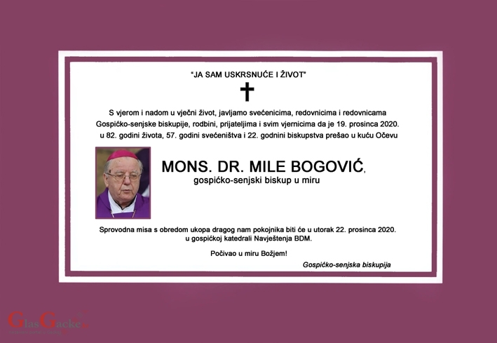 Pokop biskupa Bogovića u utorak Pokop biskupa Bogovića u utorak