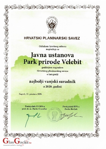 Javnoj ustanovi „Park prirode Velebit“ dodjeljena godišnja nagrada u kategoriji Najbolji vanjski suradnik. 