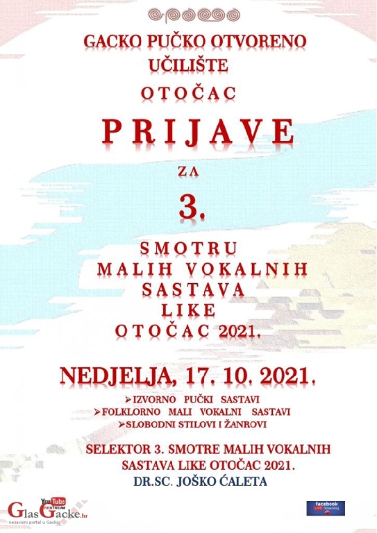 Prijave za 3. Smotru malih vokalnih sastava Like  - do 5. listopada