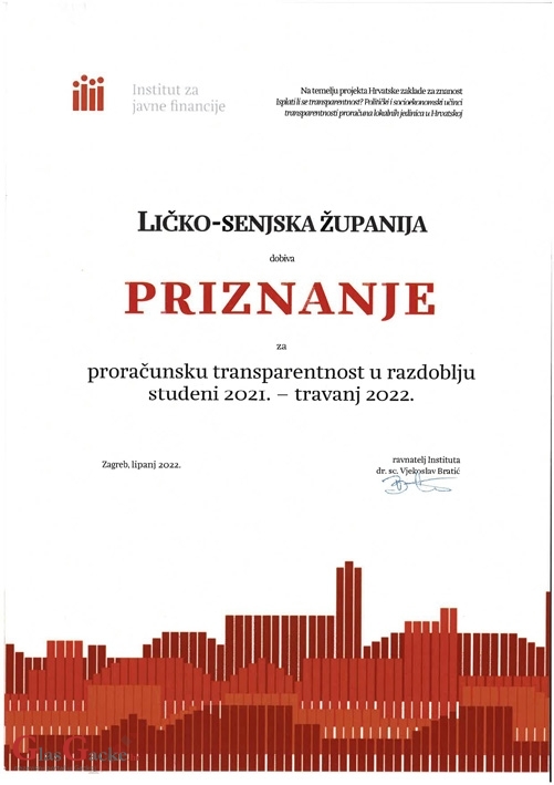 Ličko–senjska županija dobila priznanje za transparentnost proračuna